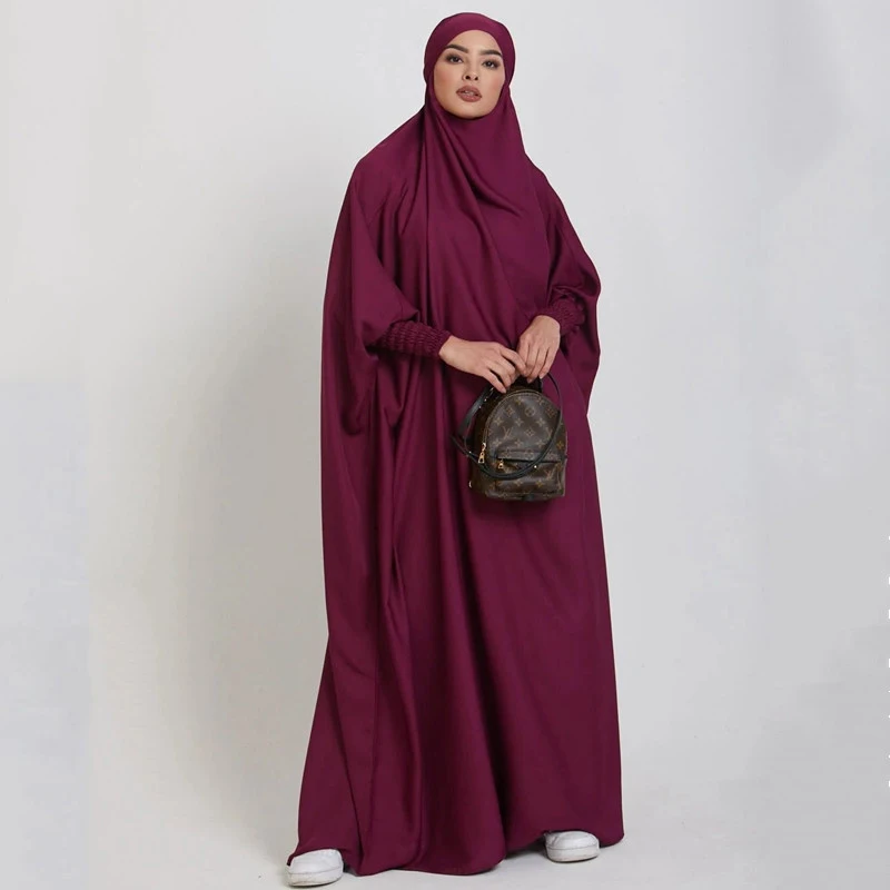 Ramadan Muslim Robe One Piece Cinch Sleeve Long Dress Prayer Hijab Dress Jilbab Women Hooded Abaya Niqab Islam Dubai Plain Robe