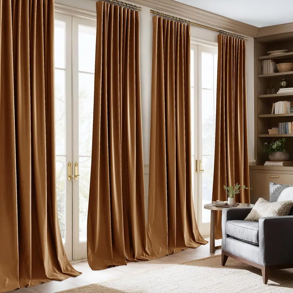 96 Velvet Gold Curtains, 2-Panel Set - Insulated Blackout for Office/Study, UV Protection for Bedrooms