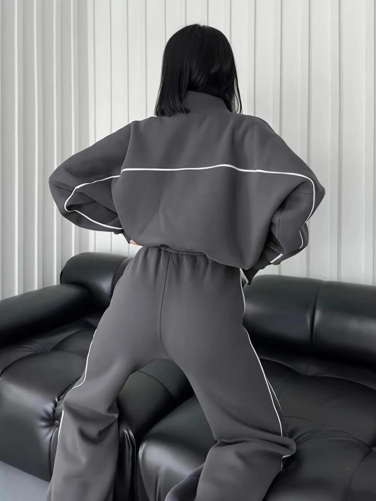 FSMG Casual Oversize a righe mezzo collo alto cerniere set sportivi felpa a maniche lunghe da donna pantaloni in vita elastica set da 2 pezzi