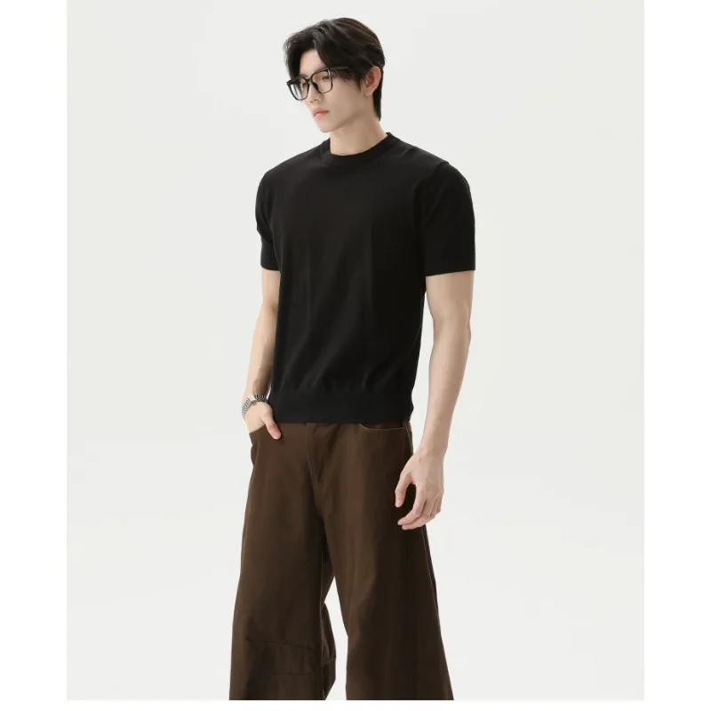 Men's Summer O‑Neck Short‑Sleeve Knit Top, Elegant Base Layer Casual Versatile Solid‑Color T‑Shirt, Korean‑Style Simple Sweater
