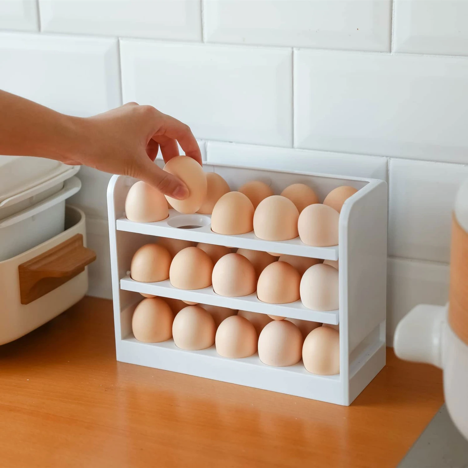 1pc Plastic Egg  Holder With 30 Eggs Capacity, Space Saving Refrigerator Egg Container, White Stackable Fresh Egg Tray,  Supplie