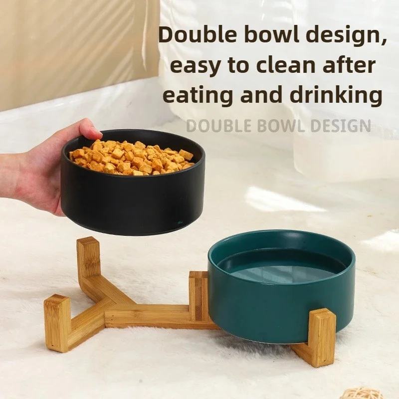 Wooden Stand Elevated Dual Ceramic Bowls for Small Pets - Spill-Proof Food and Water Dish for Cats and Dogs view 6