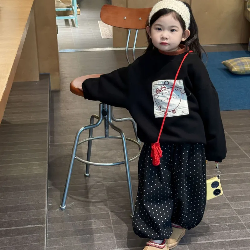 

2025 Autumn Winter Girl Children Kid Clothing Cute Patch Fleece Sweatshirt Round Neck Thick Pullover 3-10 Year Bottom Top Outfit