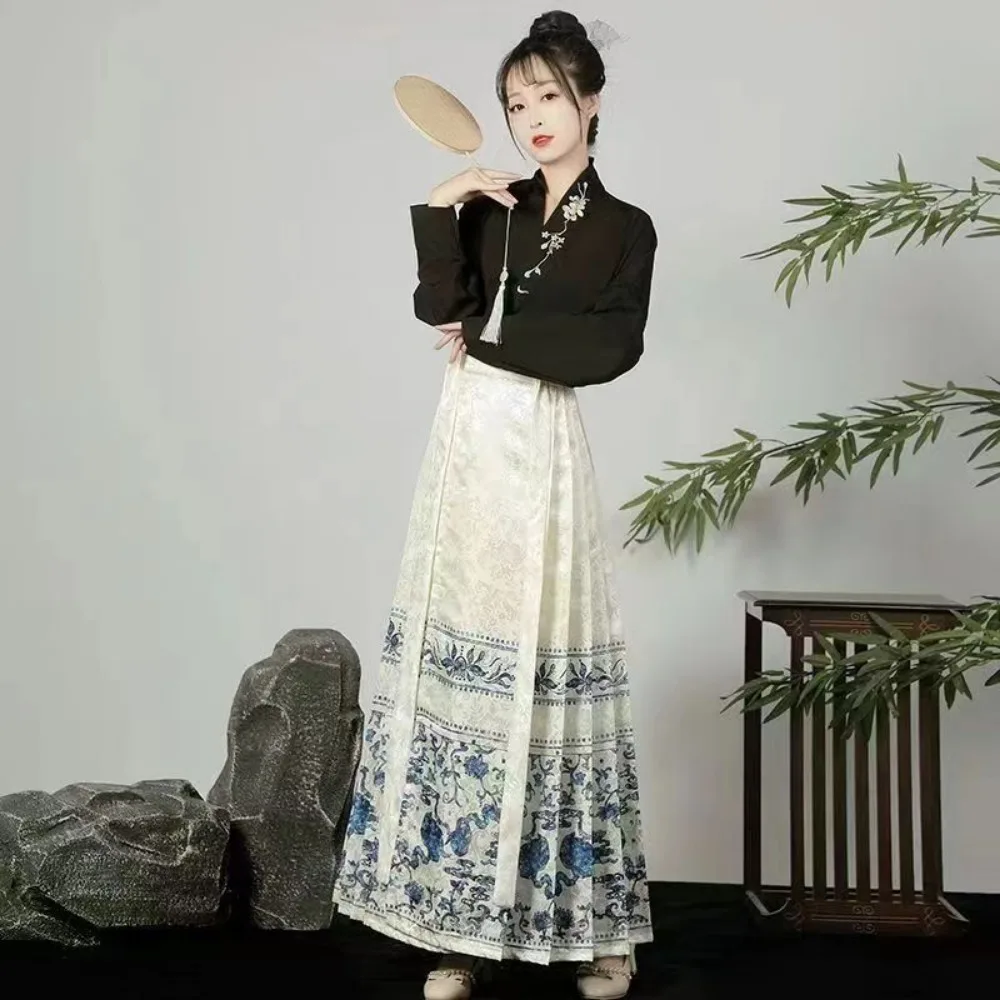 Chinese Style Traditional Pleated Skirt Black Mamianqun Hanfu Fashion Horse Face Skirts Women Modernized Daily Hanbok
