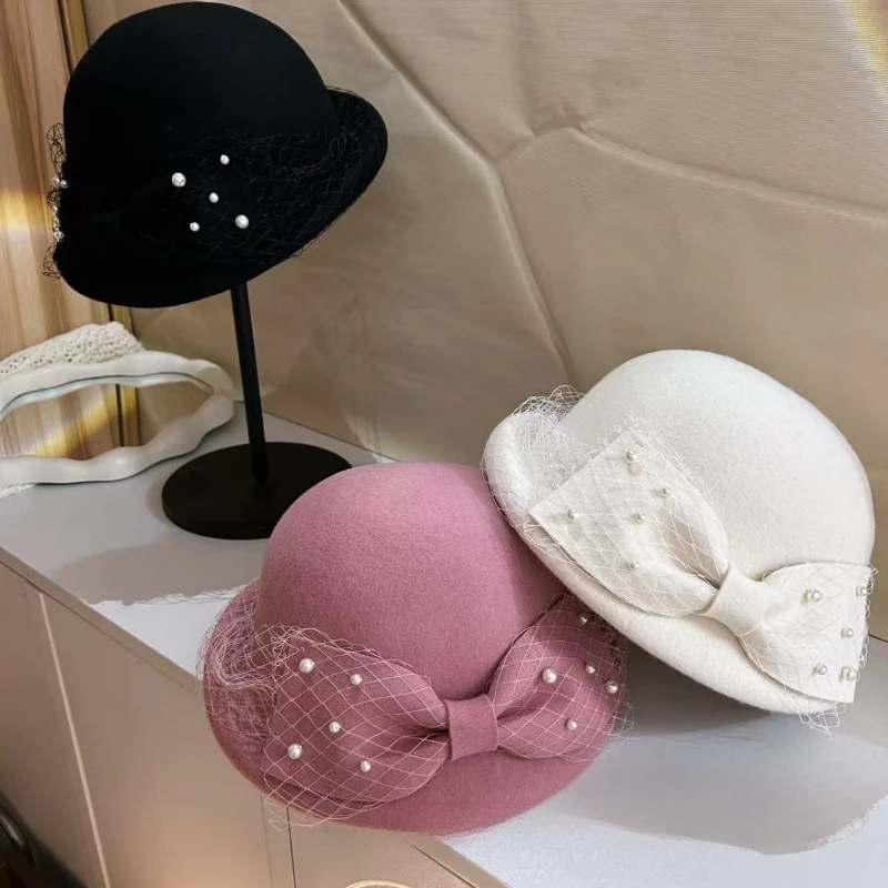 Elegant Socialite Ladies' Wool Bow Pearl Beret Hat With Veil Temperament British Style Fascinator Hat Casual Bride Formal Hat