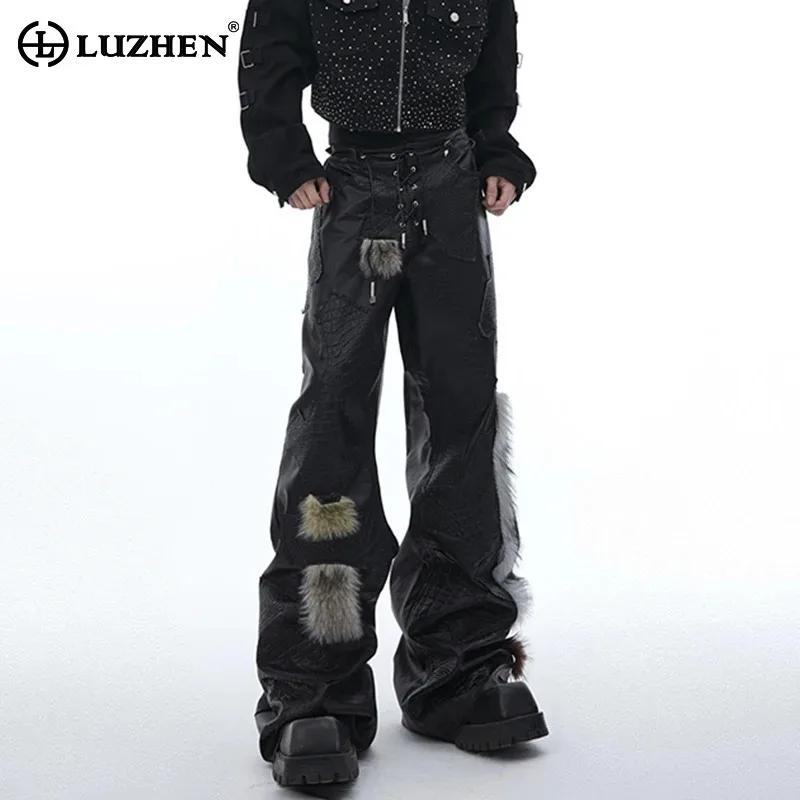 LUZHEN Personalisierte Trendy Patchwork Design Faux Leder Hosen Original Punk Fashion Street High Slim Fit männer Hosen LZ6992