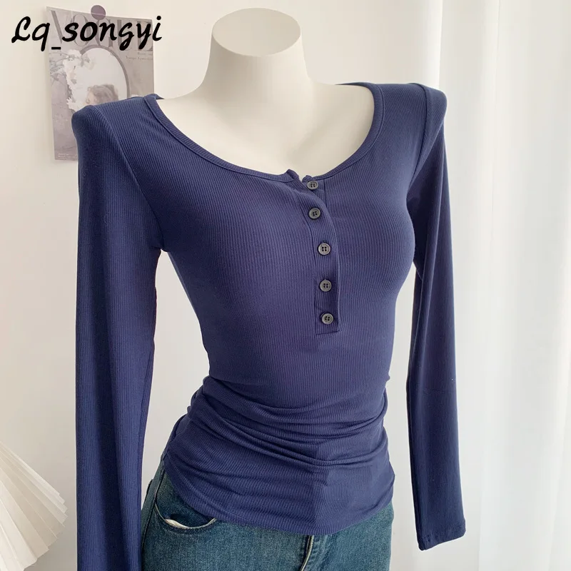 

Lq_songyi Base Slim Deep O Neck T Shirts Women 2024 Spring Autumn High Strecth Long Sleeve Top Buttons Sexy Solid Thin Shirt