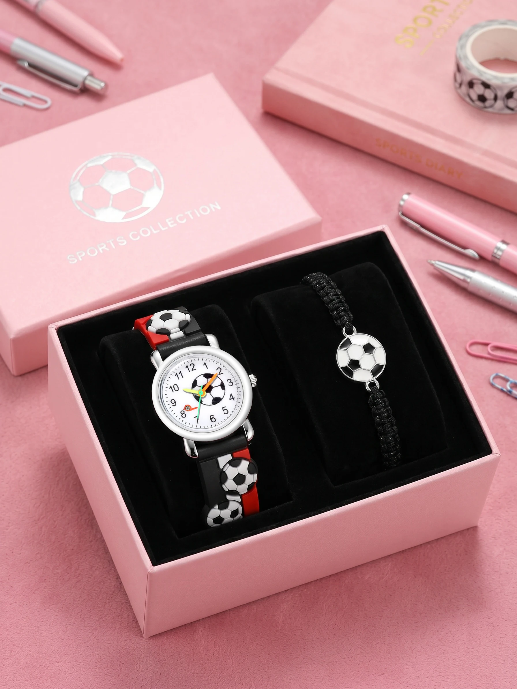 

2pcs/set Teen Football Watch & Bracelet Set, No Box, Casual Quartz Wristwatch For Back To School Vacation Holiday