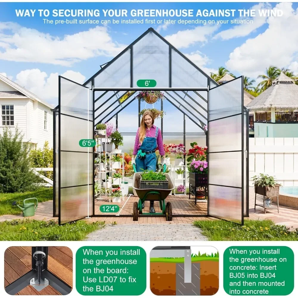 12x10 FT Garden Greenhouse, Easy Assembly Large Aluminum Heavy Duty Polycarbonate Greenhouses Kit, Walk-in Green House