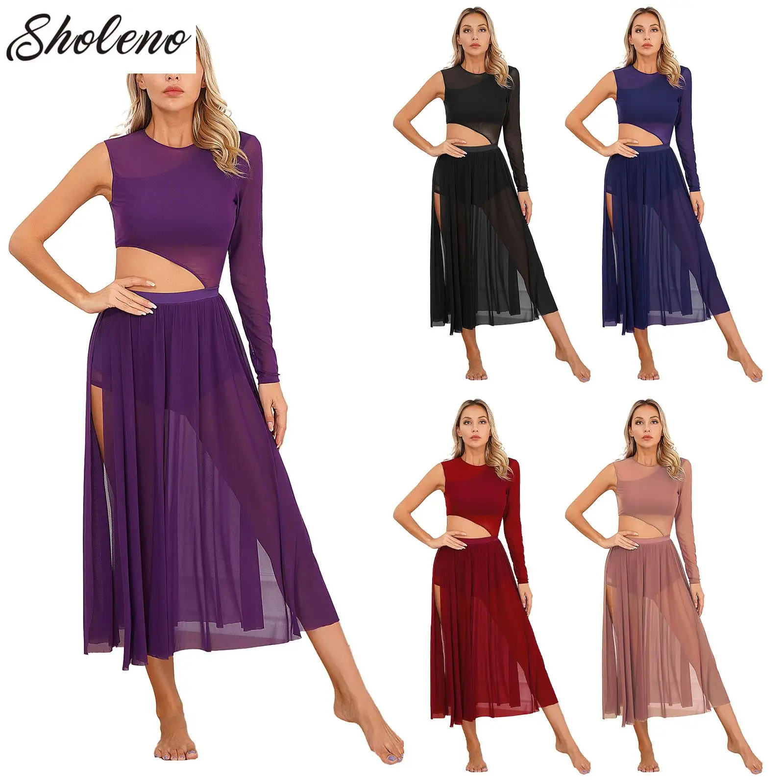 

Womens Single Sleeve Mesh Tulle Long Dress Gymnastics Lyrical Ballet Dance Jersey Modern Contemporary Dancewear Stage Costumes