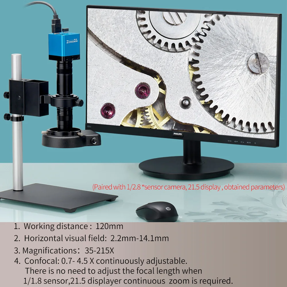 Imagem -05 - Zongmai-câmera de Vídeo Microscópio Industrial Interface tipo C-mount Confocal Ampliação Ajustável Lente Zoom Óptica 0.7x4.5x