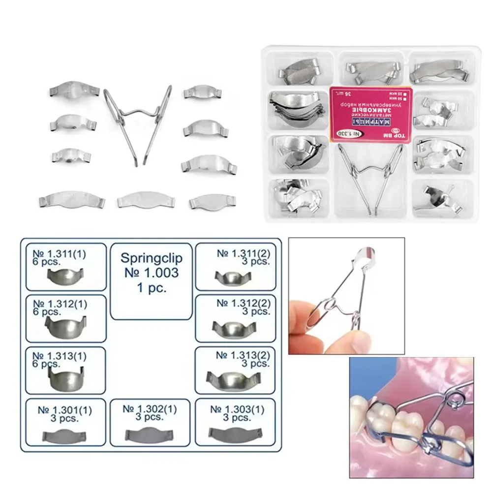36pcs/Set Dental Sectional Contoured System Metal Matrices Matrix with Spring Clip Band Resin Clamping/Seperating Ring No.1.330