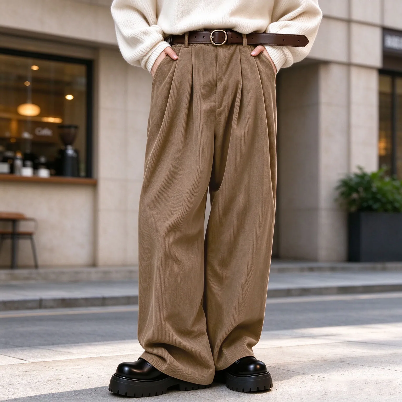 Men's Corduroy Pleated Wide Leg Trousers High Waist Loose Vintage Casual Pants Fall Winter Retro Streetwear Oversized Trousers
