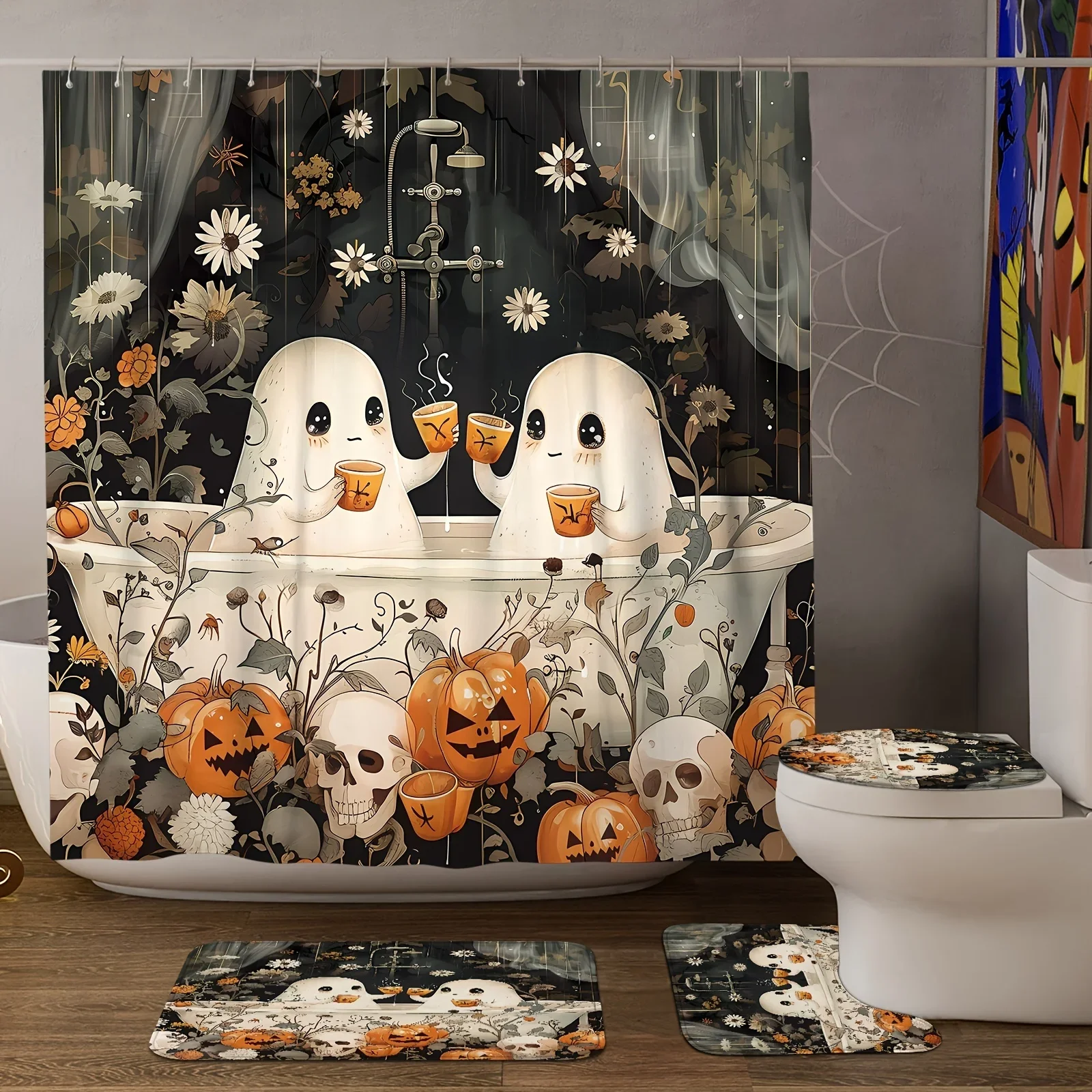 Halloween Ghost Pumpkin Skull Shower Curtain Set with Non-Slip Rugs Polyester Waterproof Horror Bathroom Accessories with12 Hook