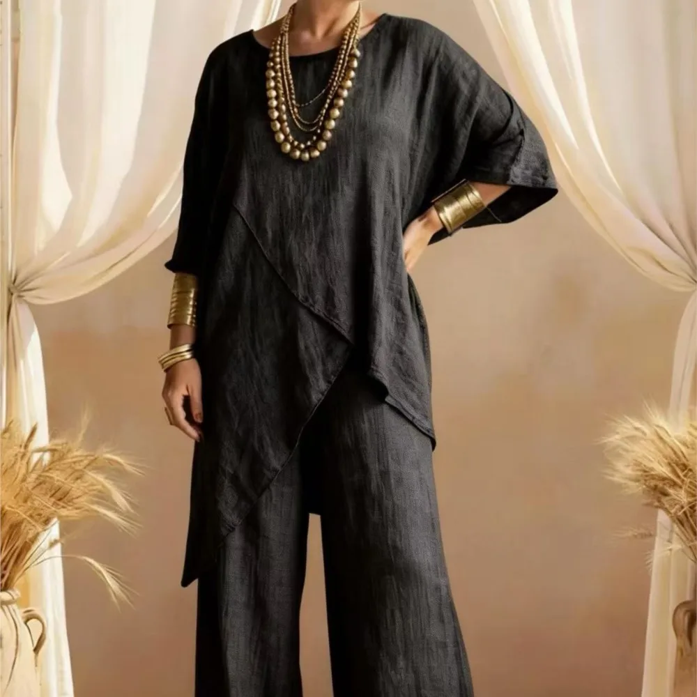 

New Summer Trousers Set Loose Fashionable Solid Color Cotton Round Mid-sleeves Irregular Tops Wide-leg Trousers Two-piece Set