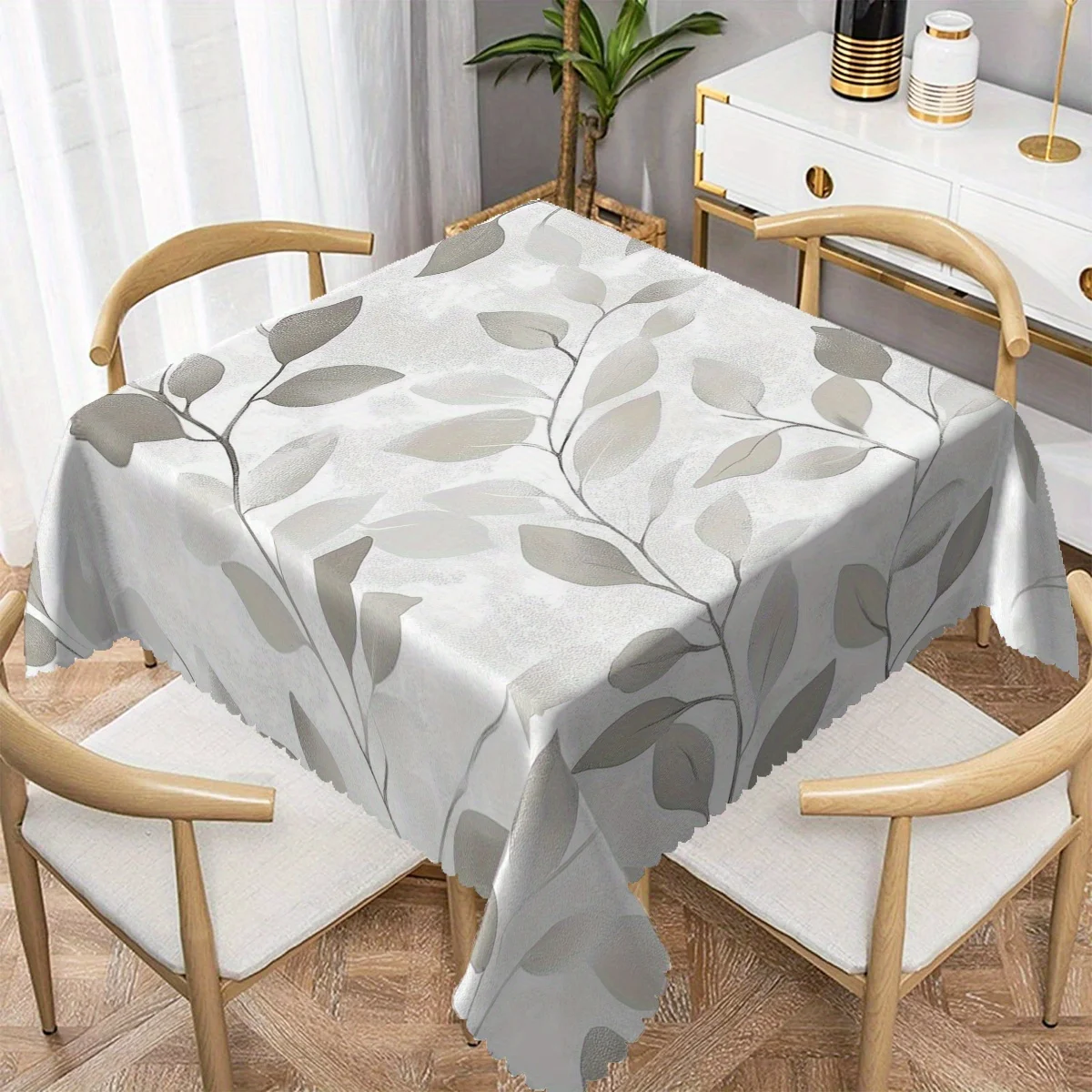 1pc Modern Simple Gray Plant Leaf Rectangular Tablecloth, Fan Edge Polyester Table Cover for Home Dining Kitchen Hotel Party