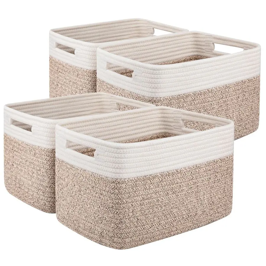 

4 Pack Storage Baskets for Organizing, Basket for Shelves with Handle, Woven Baskets for Storage Toys, Towels, Books, Cotton Rop