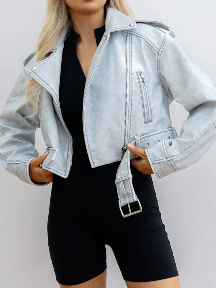 AilegKnitting-Veste en Faux Cuir Pu pour Femme, Streetwear Rétro, Manteau Court avec Ceinture à Fermeture Éclair, Vêtements d\'Extérieur Moto Biker,