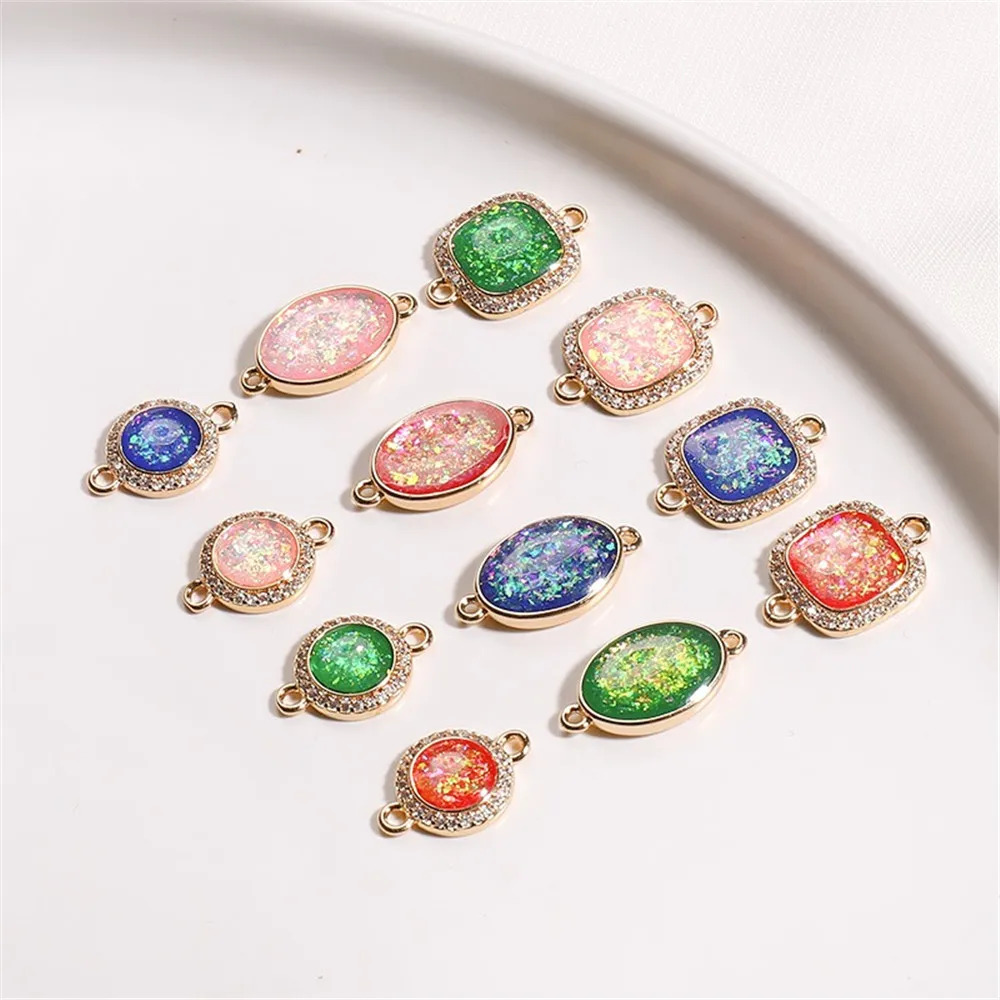 Imitation Opal Gemstone 18K Gold Double Hanging Zircon Pendant DIY Handmade Earrings, Bracelets, Necklace Material Accessories