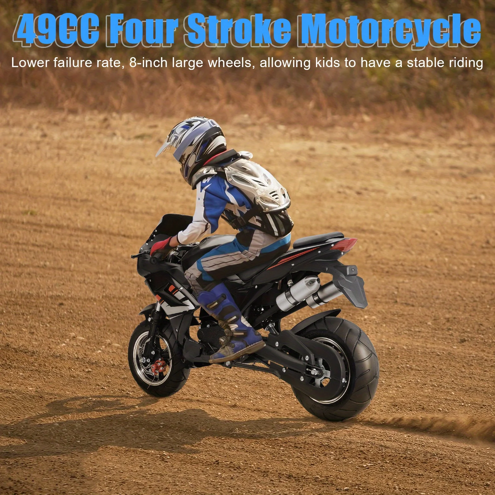

1 x Mini Motorcycle 49cc 4-stroke pocket rocket motorcycle, 8-inch wheel mini motorcycle, gas motorcycle with front disc brakes,