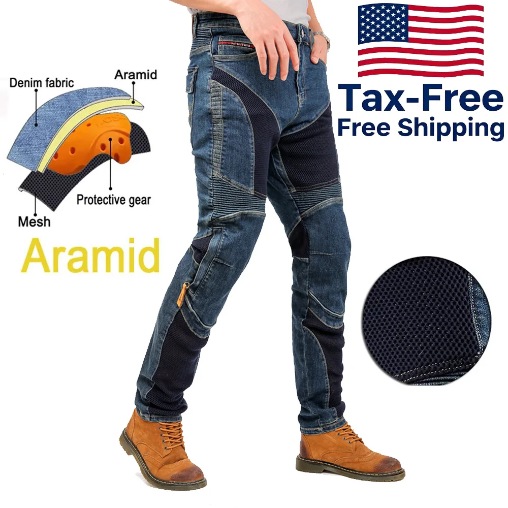 

Mens Aramid Motorcycle Pants CE Certified Knee Protective Gear Abrasion Resistant Riding Trousers