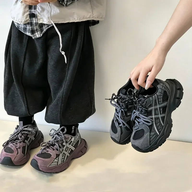 Toddler Kids Mesh Dad Sneakers, Breathable Upper, Lace Up Design, Non Slip Thick Sole for Outdoor Running & Daily Play