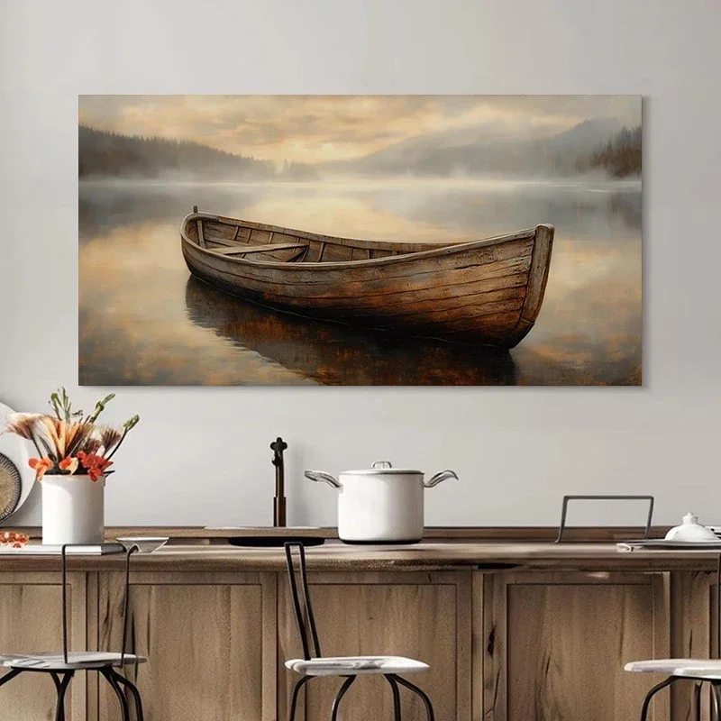 Multiple sizes 1pc frameless  Large size Canvas Painting,Rustic Brown Boat on Lake en Canoe Lake House Poster and Prints Canvas