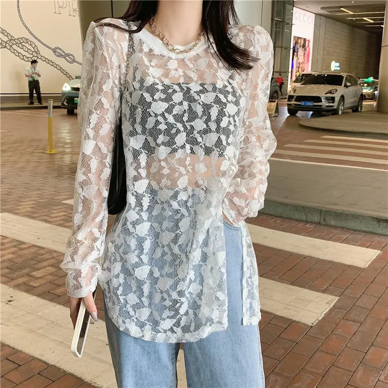 

2023 New Summer Pure Desire Sexy Round Neck Lace Mesh Hollow Sun Protection Shirt with Western Style Split Long Sleeve Underlay