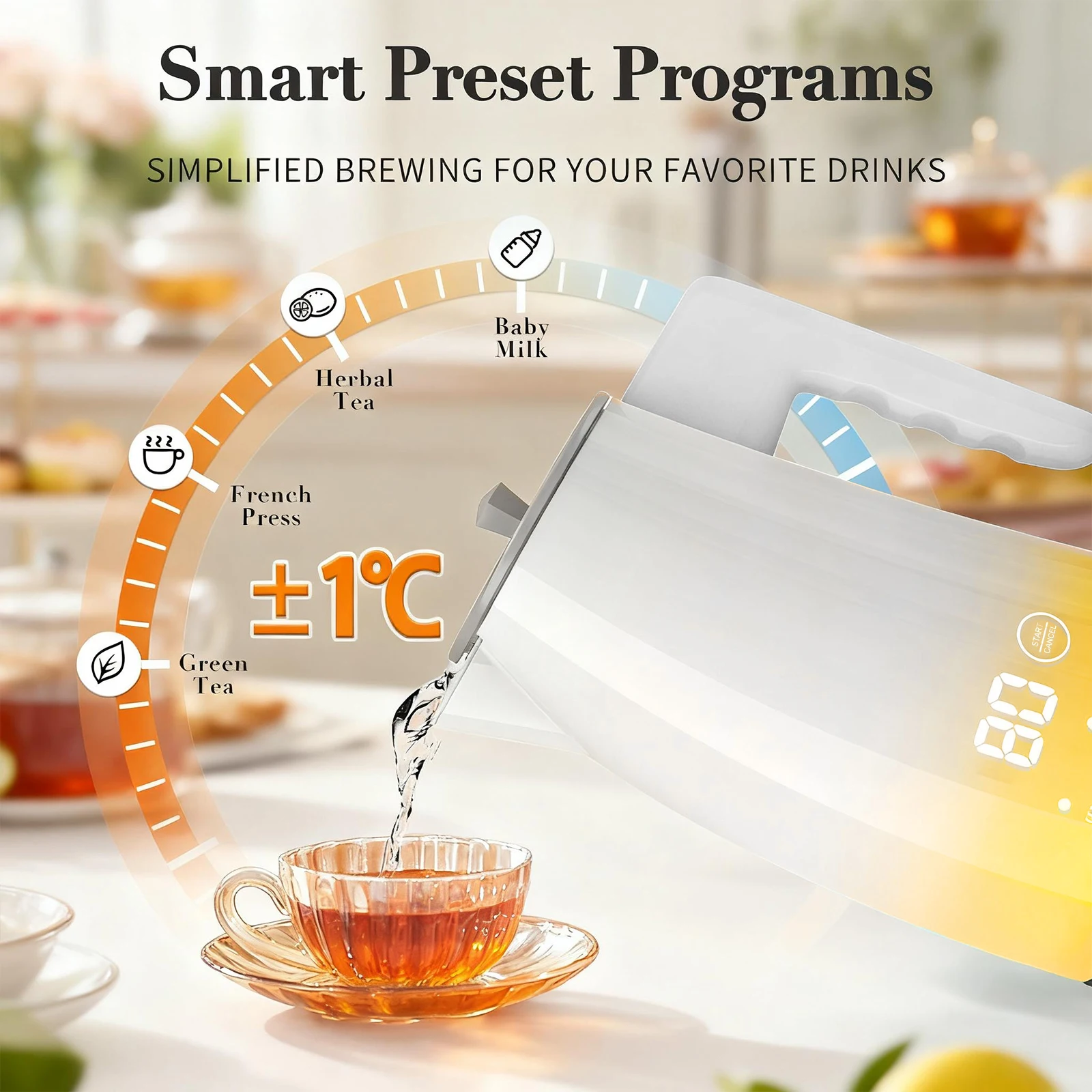 Modischer elektrischer Wasserkocher mit 5 Temperaturregelungen, 1,25 l, automatische Abschaltung, Kaffee- und Teekanne aus Edelstahl, Küchenhelfer