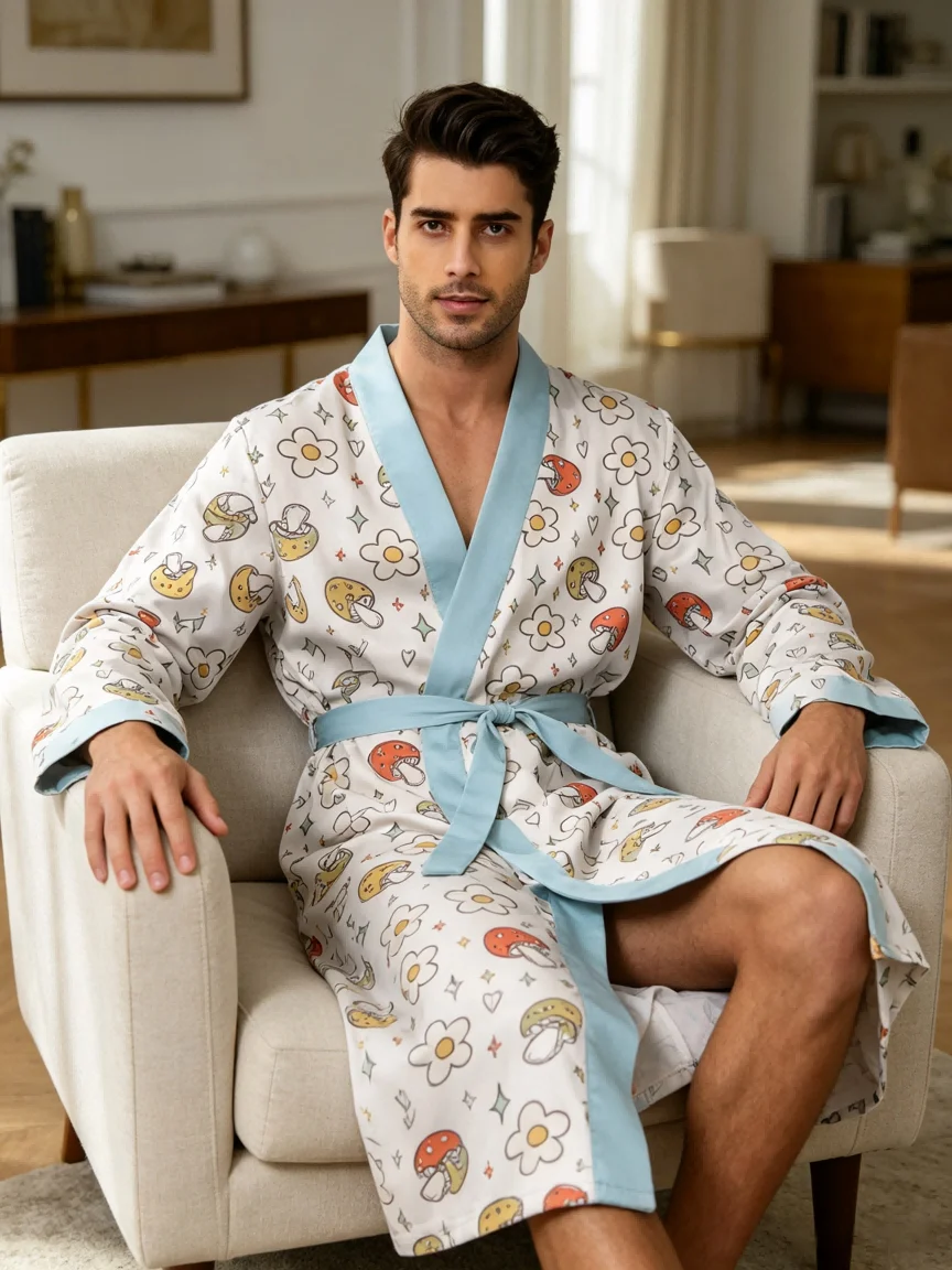 Men's lightweight quick-drying pajama bathrobe - 3D digital printing, non-fading design, stand-up collar and adjustable waistban