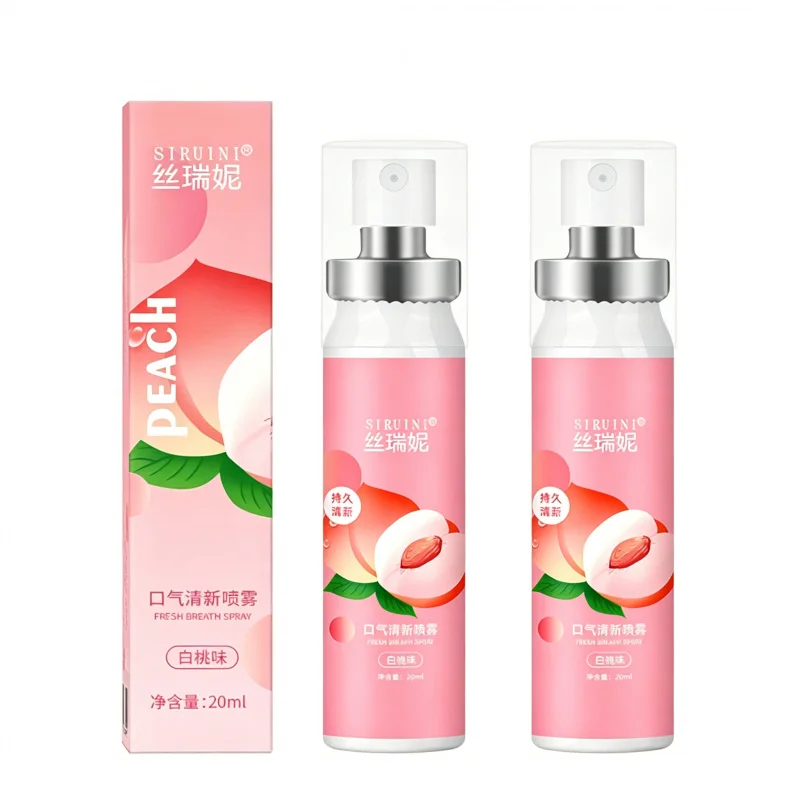 2 piezas de spray bucal de 20 ml con sabor a melocotón blanco, spray refrescante para el aliento, spray bucal que deja un aroma frutal.