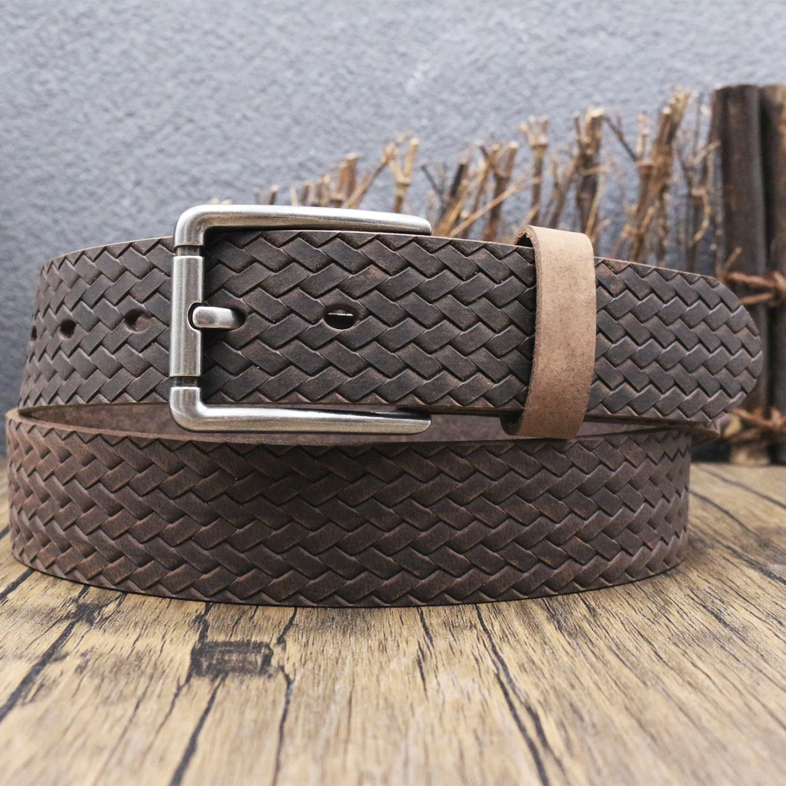 Top Grain Crazy Horse Leather Pin Buckle Belt Asymmetrical Totem Emboss Rust‑Toned Cowhide Material Solid Fitting Anti‑Abrasion