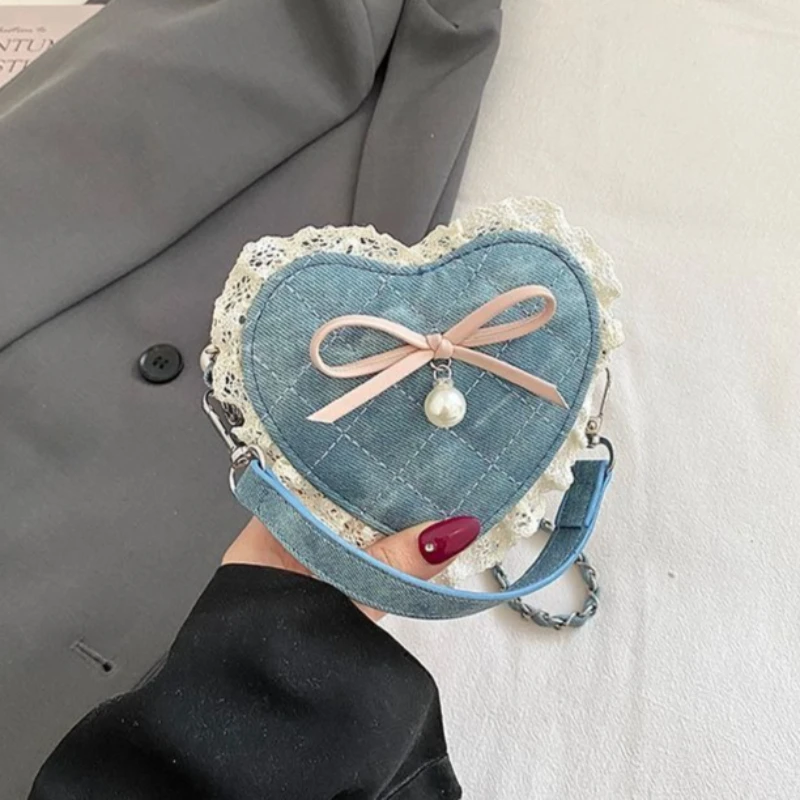 Red Sliver Pink White Blue Heart Shaped Denim Quilted Mini Lace Bow  PU Leather Pearl Chain Crossbody Shoulder Handbag for Girls