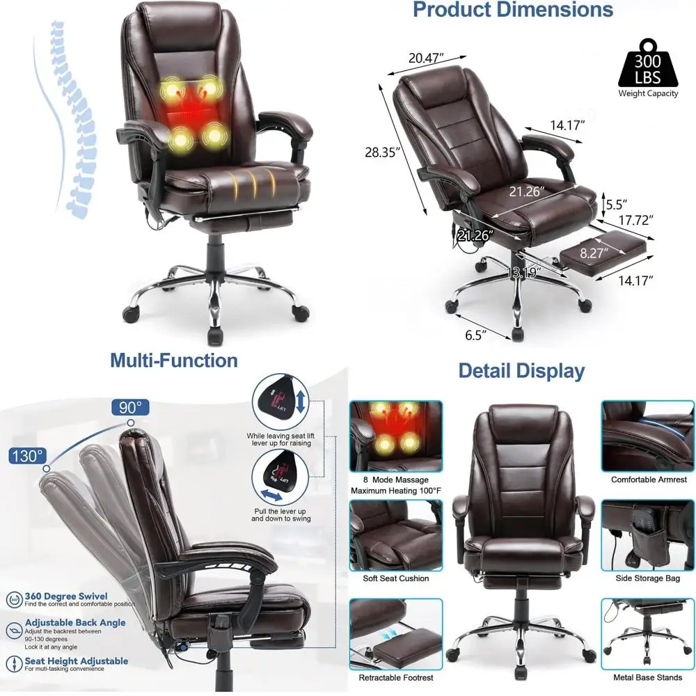 ergonomic leather massage chair with heat, reclining home office desk chair