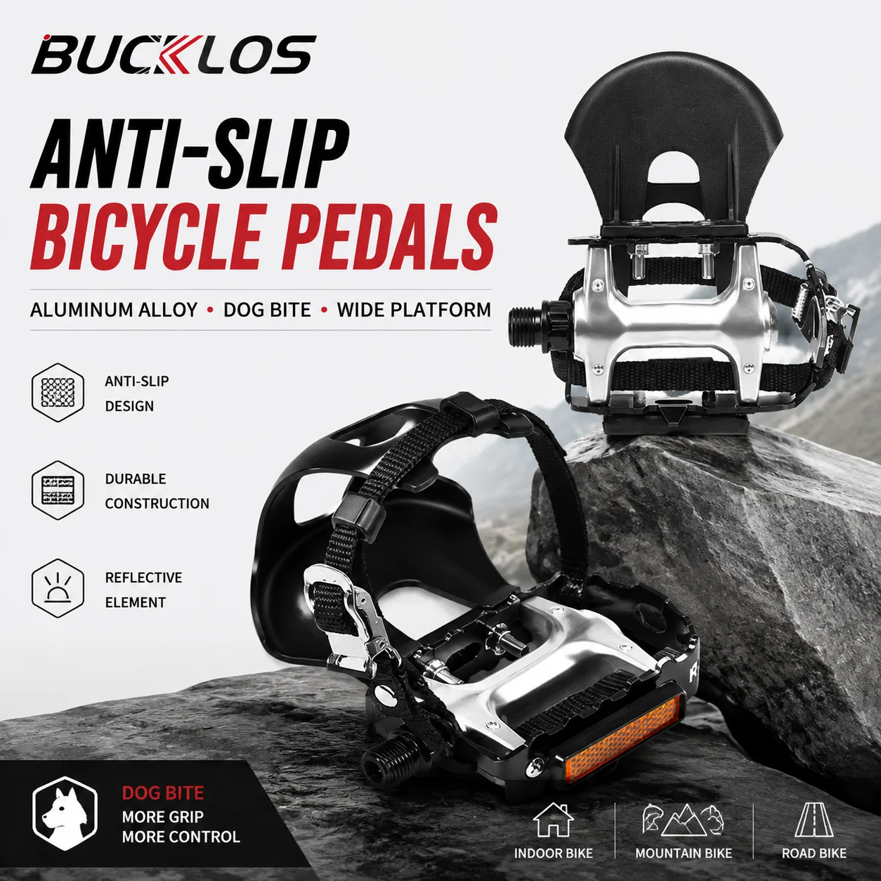 BUCKLOS Aluminum Alloy Bike Pedals with Toe Clips Adjustable Straps Side Reflectors for Indoor Training Road MTB Cycling