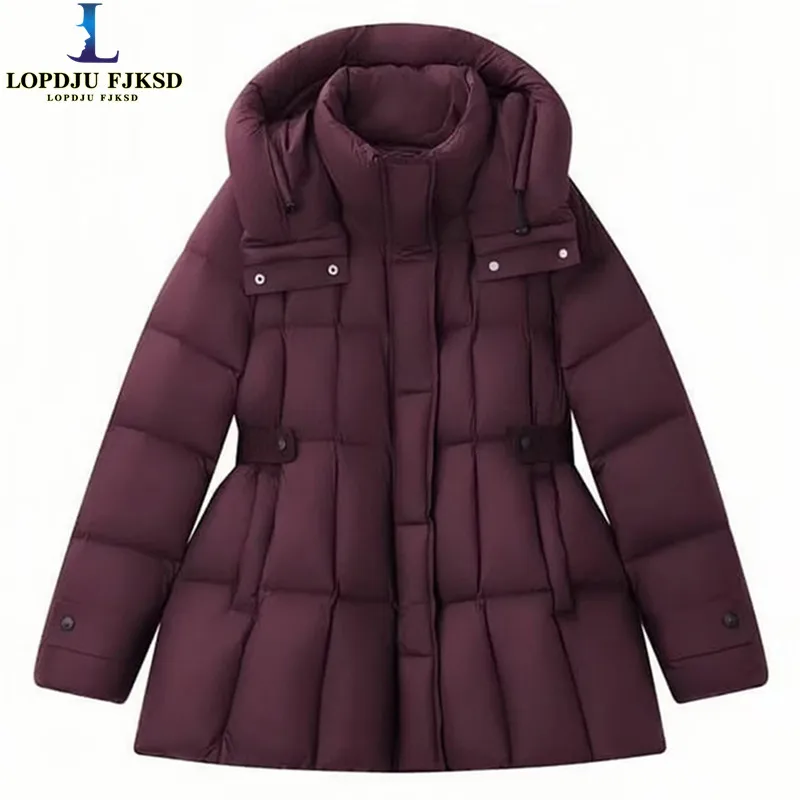 Long Thick Cotton Women's winter jacket,Adjustable Waist Coat,Female Clothing,Hooded New outerwear,Loose,Zipper,New,Winter,2025
