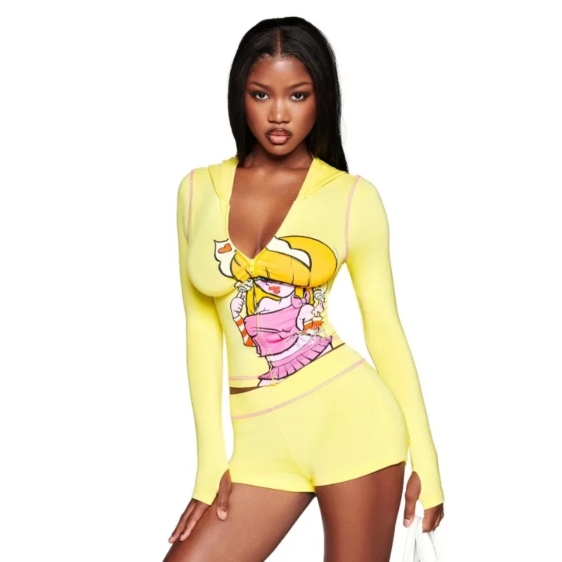 

Комплекты женской одежды: толстовки с длинными рукавами + шорты, костюмы из двух предметов, весна-лето, женские спортивные наряды, спортивный костюм с мультяшным принтом