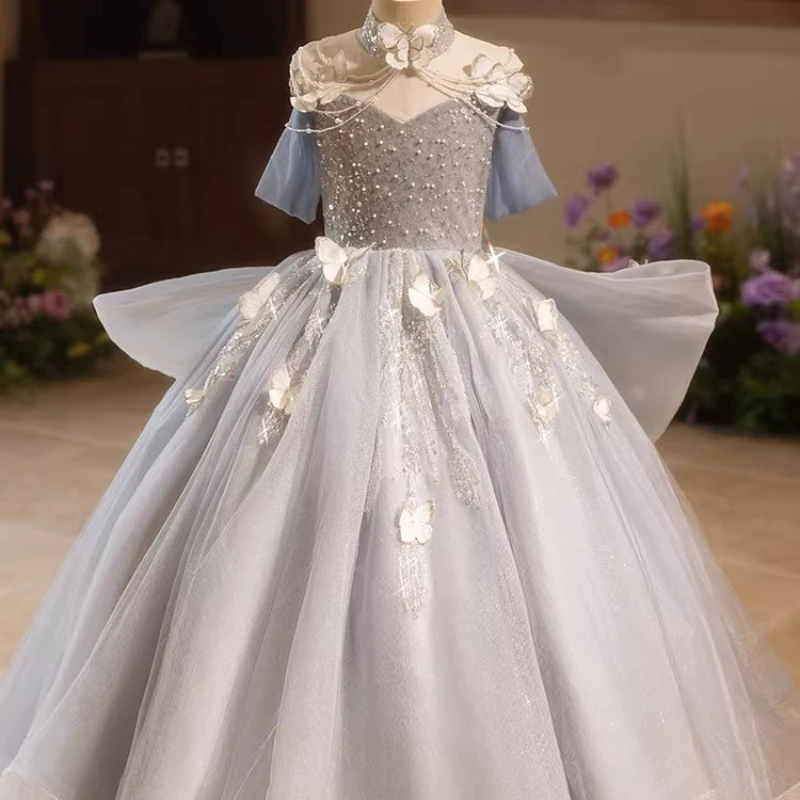 Girls Birthday Princess Dress with Train Tulle Puffy GownRecital Flower Girl Party Occasion Pageant Performance Outfit Piano