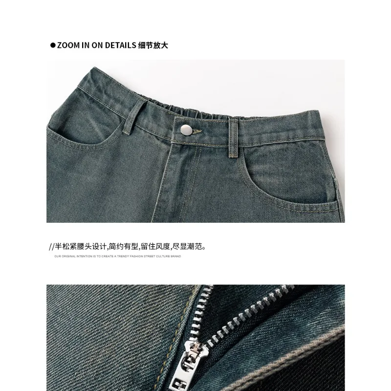 Men's Vintage Wash Baggy Denim Cropped Shorts 2026 Summer New Korean American Style Loose Wide Leg Casual Streetwear Pants