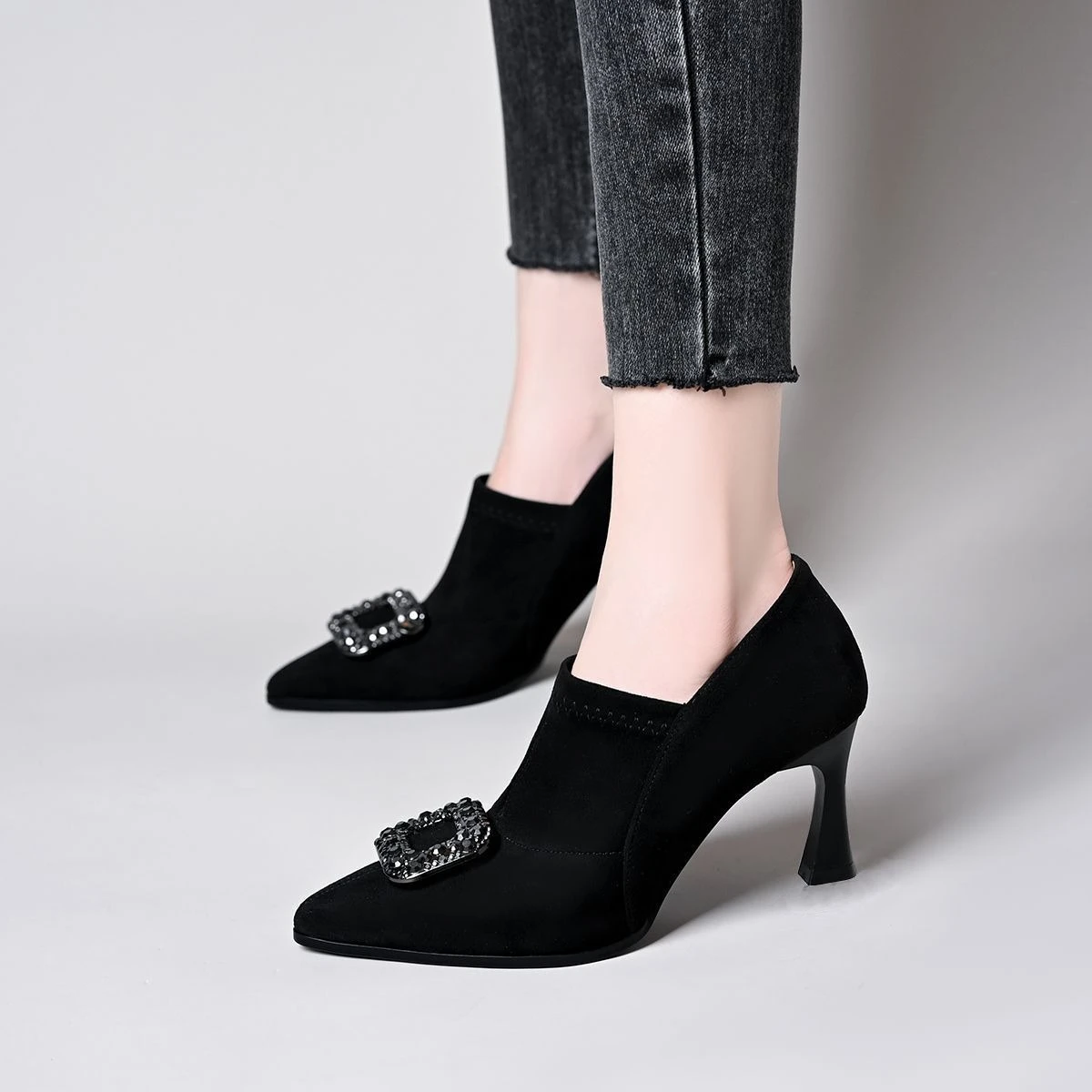 Women Black Faux Suede Pointed Toe Ankle Boots Rhinestone Strap High Heels 2026 Fall Winter Elastic Short Boots Party Shoes