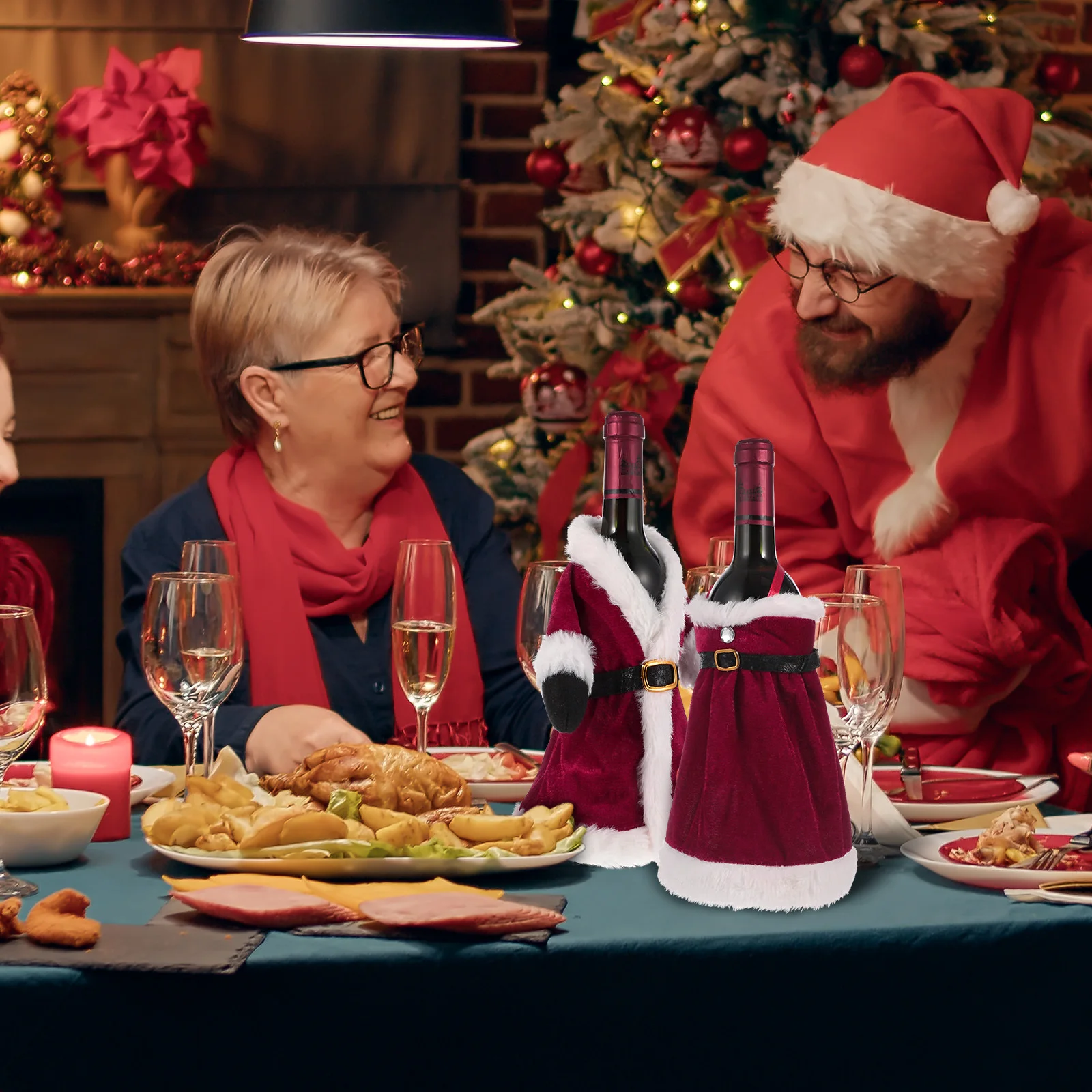 2 قطعة النبيذ الأحمر فستان عيد الميلاد غطاء أكياس زجاجة التفاف الحقيبة عطلة زينة حفلات الزفاف النبيذ الأحمر فستان عيد الميلاد