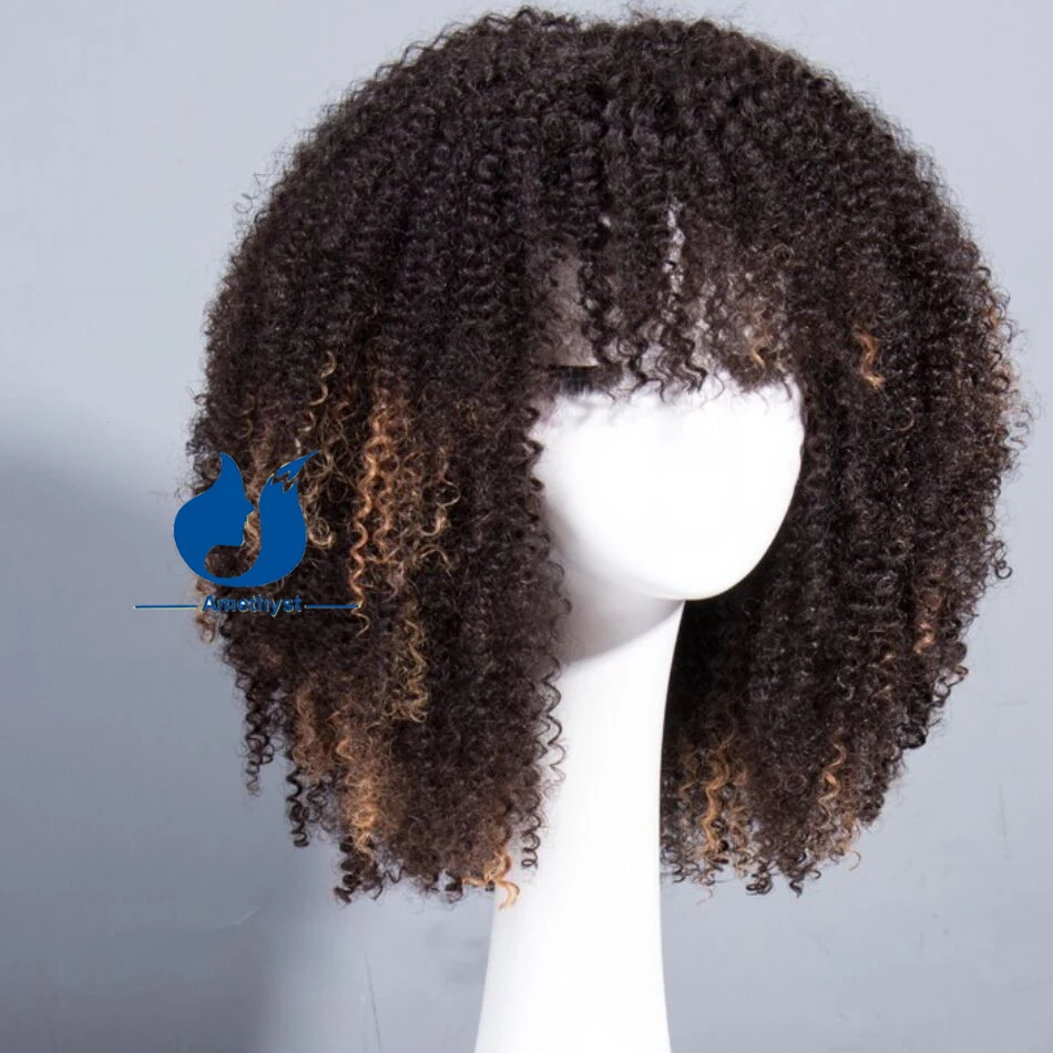 Ametyst Blonde Highlight Afro Kinky Curly Wigs For Women Human Hair With Bangs Coils Fake Scalp Top Full Machine Wig 150%-200%