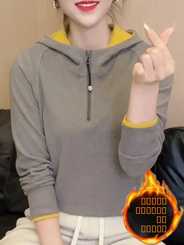 

Double-Sided Velvet Color Blo T-irt Women's Faionable Hooded f Zipper Versatile Base irt Autumn Winter New Arrival