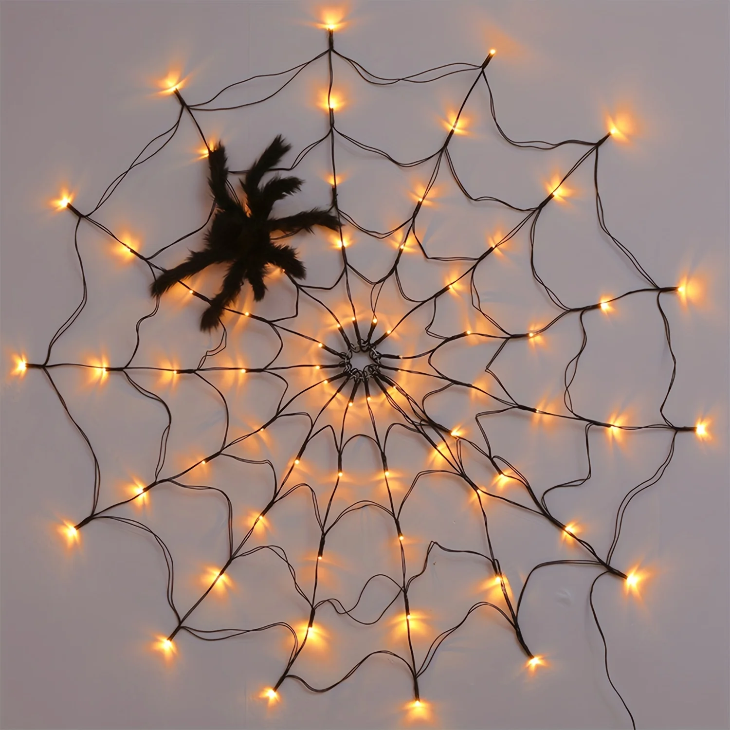 USB Halloween Decorative Spider Web Lights, Orange LED Spider Web Decor for Window Wall Yard Porch Halloween Holiday Decoration
