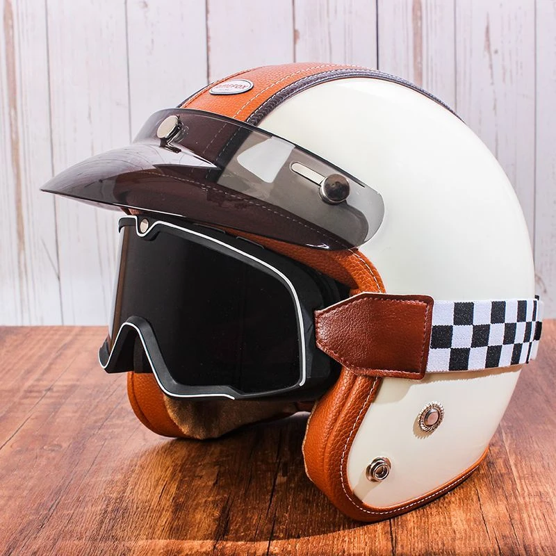 

Retro Cruising Motorcycle Helmet Winter Warm Helmet Lining Electric Vehicle 3/4 Helmet with Brim with Goggles