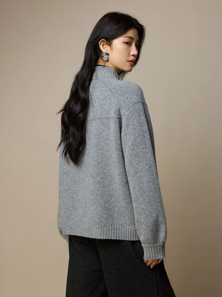 Birdtree, 100% schapenwollen vest, dames gebreide opstaande kraag tops, rits body fit trui, 2025 herfst winterjas, grijs T5N207JF