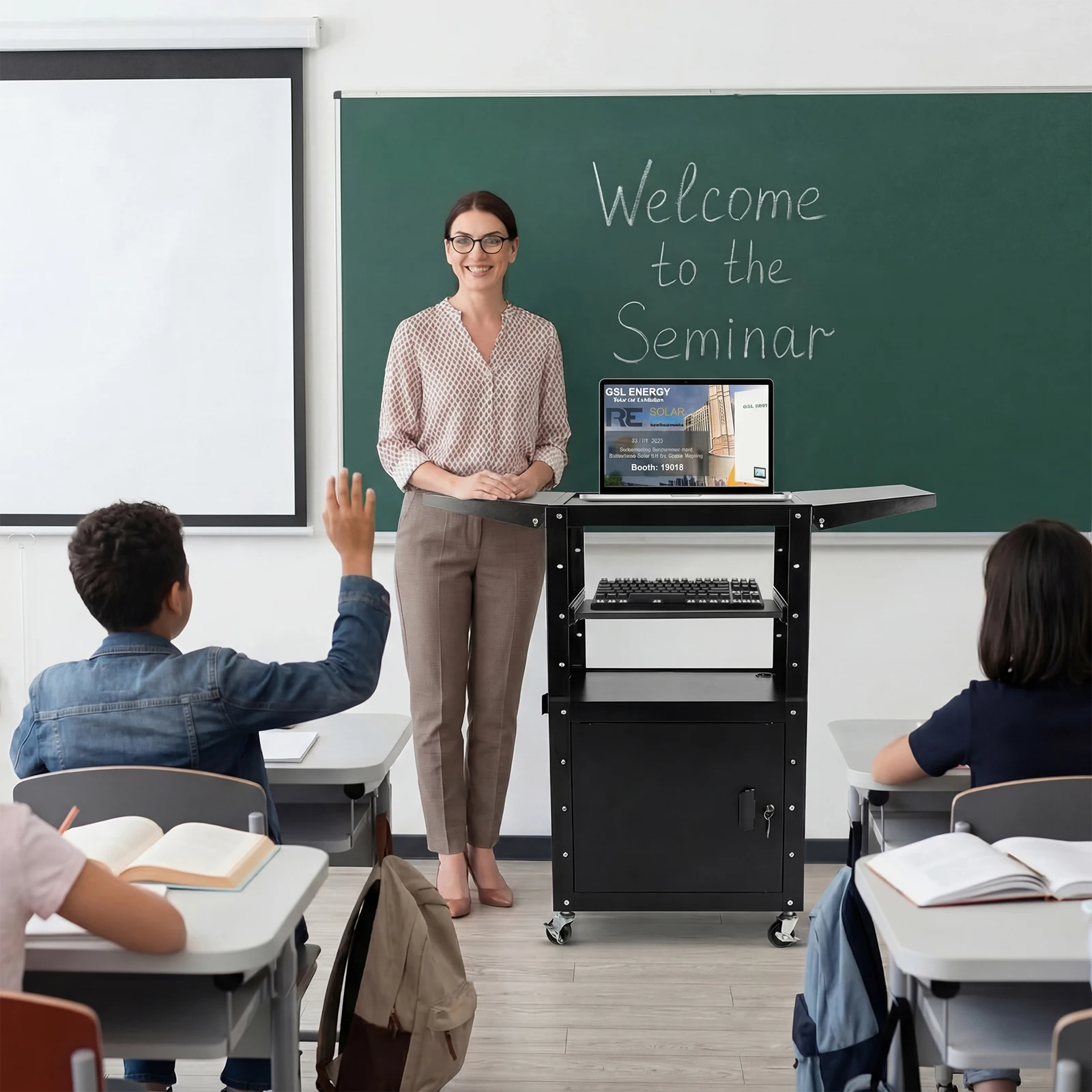 

Передвижная тележка-тумба для AV-оборудования с запирающимся отсеком и выдвижной полкой для клавиатуры, тележка для принтера и рукоделия на колесах, регулируемая по высоте 36-44 дюйма, выдерживает нагрузку до 110 фунтов