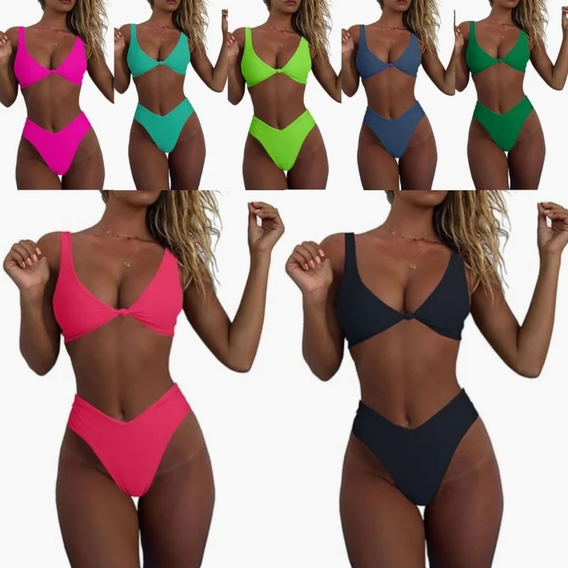 

Bikini Set Women Swimsuit Solid Split V Neck High Waist Bikini Two Piece Beachwear 2025 New Casual Vacation Swimming Swimwear