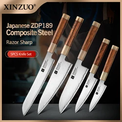 XINZUO 5PCS Chef Knife Set Japanes ZDP-189 Power Steel High Carbon Chef Bread Santoku Petty Knives Gyuto with Wood Gift Box