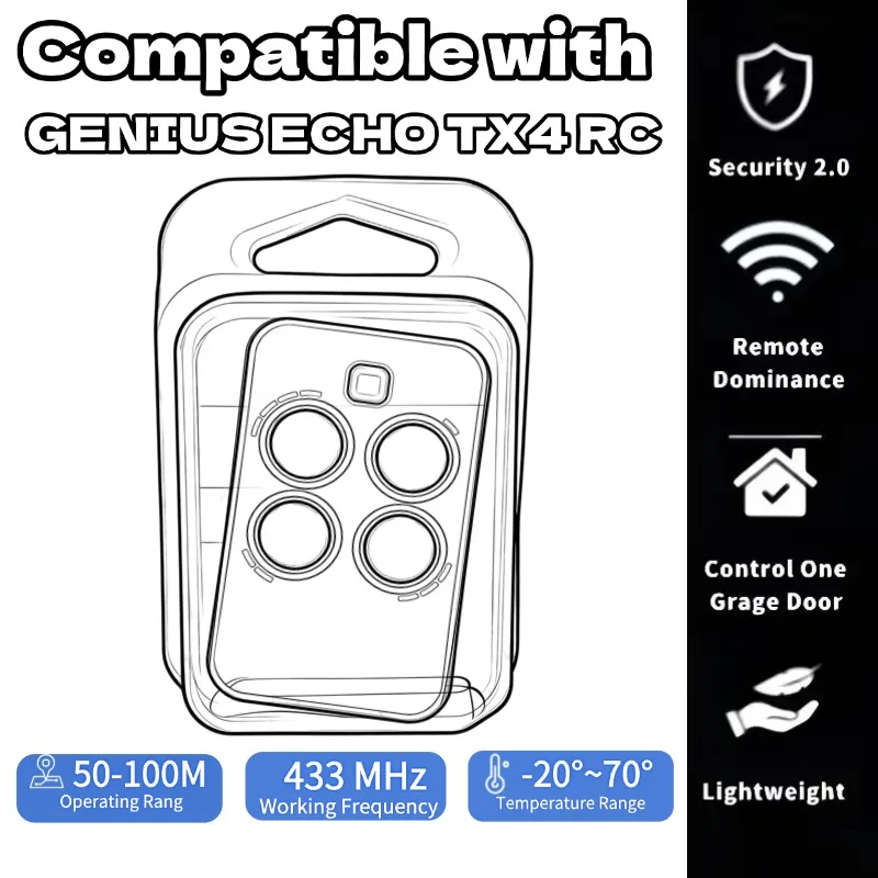 Compatible With GENIUS ECHO TX4 RC BRAVO TX4 TE4433H 433.92MHz Rolling Code 4‑Ch Garage Gate Remote Control Handheld Transmitter